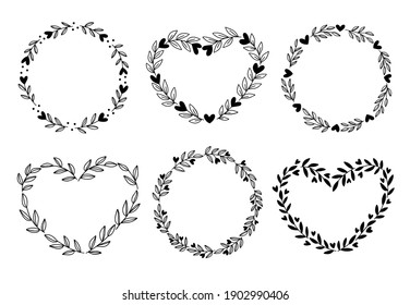 Floral wreath with leaves and heart set. Valentine's day greeting cards template. Vector romantic round frame isolated on white background. For wedding invitations, holiday typography.