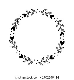 Herencia floral con hojas y corazón. Plantilla de tarjetas de felicitación de San Valentín. Marco circular romántico vectorial aislado en fondo blanco. Para invitaciones de boda, tipografía de vacaciones.