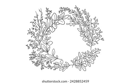 Floral wreath line art drawing on white background. Wreath flowers tattoo. Wedding design elements outline. Wedding circle border vector illustration	