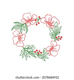 Floral wreath linear style. Isolated on white vector illustration. Hand drawn frame with flowers, leaves and berries.