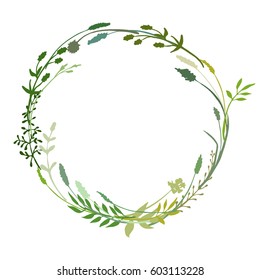 Floral wreath made of grass in circle. Hand drawn wild herbs and flowers. Botanical illustration. Great to place text, quote or logo. Round frame or border. Vector illustration.