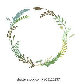 Floral wreath made of grass in circle. Hand drawn wild herbs and flowers. Botanical illustration. Great to place text, quote or logo. Round frame or border. Vector illustration.