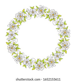 Floral wreath made of small decorative flowers in folk style. Botanical hand drawn illustration for design greeting cards Valentines day and weddings