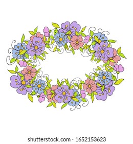 Floral wreath made of small decorative flowers in folk style. Botanical hand drawn illustration for design greeting cards Valentines day and weddings