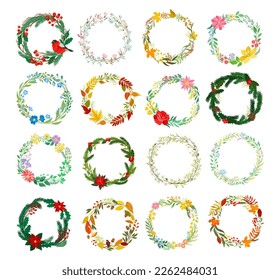 Floral wreath made of tree branches, leaves, flowers, berries. Different seasons decoration elements vector illustration