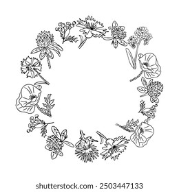 Floral wreath made of wild flowers in contour doodle style. Monochrome seasonal botanical outline template with copy space with poppy, cornflower, clover, tansy and myosotis flowers. Vector clipart