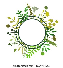 Floral wreath made of wild grass. Hand drawn herbs and flowers. Botanical floral illustration. Great to place invitation text, quote or logo. Herbal round frame or circle border. Vector illustration.