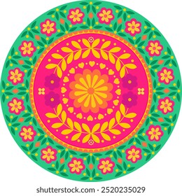 Mandala de grinalda floral em design de estilo mexicano otomi. Use para impressão, arte de parede, design digital, calendários, cartão postal, saudação, capa para diários, notebook. Tema de mês de herança hispânica