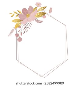 Floral wreath with meadow flowers and golden leaves. Gentle botanical frame for wedding invitations, posters, cosmetics and cards. 