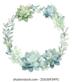 Floral wreath modern aesthetic illustration for various design projects. Delicate arrangement of succulent plants vector background. Watercolor art piece beauty of nature with its soft hues and detail