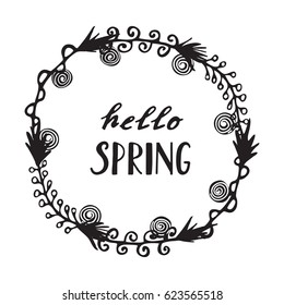 Floral Wreath with modern calligraphy Spring. hand drawn lettering. Vintage floral frame. Vector elements for greeting card, invitation, calendar, scrapbooking, badge, etc.