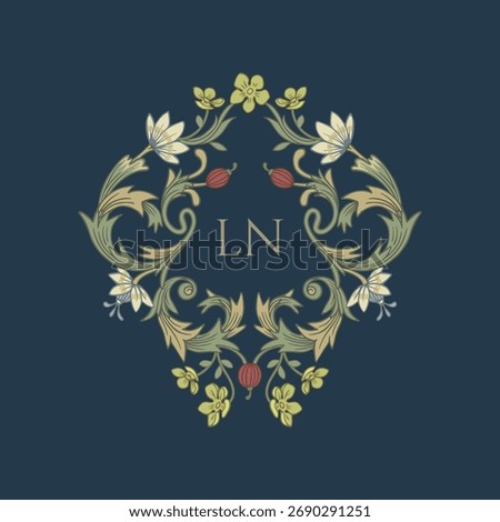 Floral wreath monogram. Multicolored decorative element. Vintage Victorian style frame. 