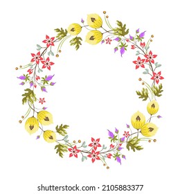 Floral wreath on a black background. Bright colorful flowers. Circle border with copy space. Design for festive decor, welcome, carnival, banner, postcard, invitation, print