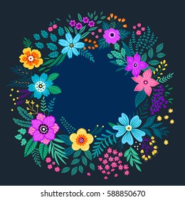 Floral wreath on dark blue background. Bright colorful flowers. Vector floral frame template. Cute retro flowers arranged in the shape of a wreath is perfect for invitations and greeting cards