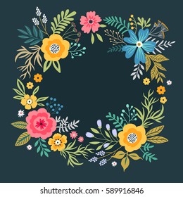 Floral wreath on dark blue background. Bright colorful flowers. Vector floral frame template. Cute colorful retro flowers arranged in the shape of a wreath. For invitations and greeting cards