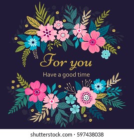 Floral wreath on dark blue background. Bright colorful spring flowers. Vector floral frame template. Cute retro flowers arranged in the shape of a wreath is perfect for invitations and greeting cards