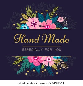 Floral wreath on dark blue background. Bright colorful spring flowers. Vector floral frame template. Cute retro flowers arranged in the shape of a wreath is perfect for invitations and greeting cards