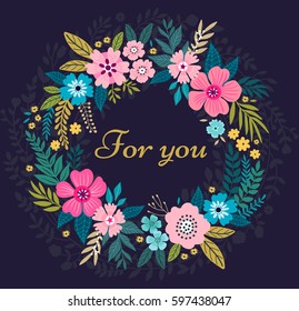 Floral wreath on dark blue background. Bright colorful spring flowers. Vector floral frame template. Cute retro flowers arranged in the shape of a wreath is perfect for invitations and greeting cards