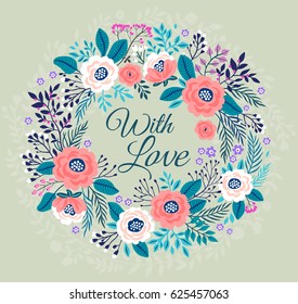 Floral wreath on light background. Bright colorful spring flowers. Vector floral frame template. Cute retro flowers arranged in the shape of a wreath is perfect for invitations and greeting cards