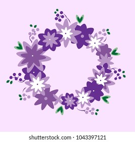 Floral wreath on light pink background. Purple and lilac spring flowers. Vector floral frame template. Cute flat flowers arranged in the shape of a wreath is for invitations and greeting cards.