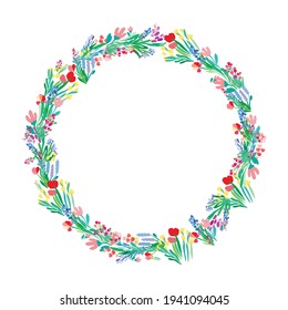 Floral wreath on white background. Bright colorful spring flowers. Vector floral frame template.