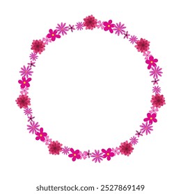 floral wreath on white background. Yellow, blue, white and pink wild flowers. Circular shape frame. Traced vector illustration