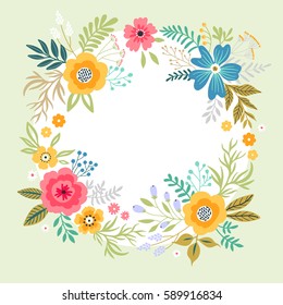 Floral wreath on white background. Bright colorful flowers. Vector floral frame template. Cute colorful retro flowers arranged in the shape of a wreath. For invitations and greeting cards