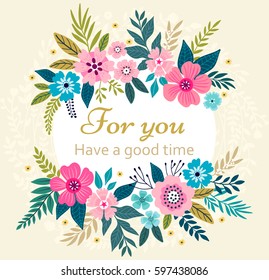 Floral wreath on white background. Bright colorful spring flowers. Vector floral frame template. Cute retro flowers arranged in the shape of a wreath is perfect for invitations and greeting cards