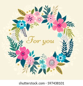 Floral wreath on white background. Bright colorful spring flowers. Vector floral frame template. Cute retro flowers arranged in the shape of a wreath is perfect for invitations and greeting cards
