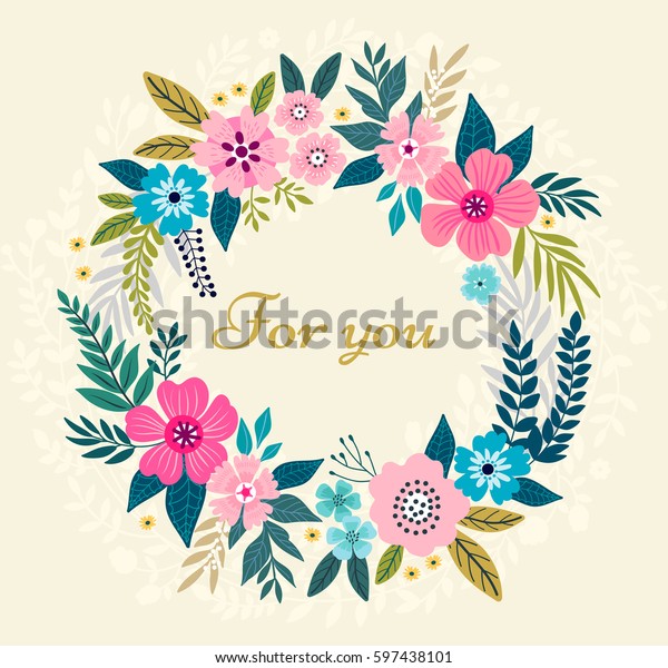 白い背景に花輪 明るいカラフルな春の花 ベクター花柄のフレームテンプレート 花輪の形をしたかわいいレトロな花 は 招待状やグリーティングカードに最適です のベクター画像素材 ロイヤリティフリー