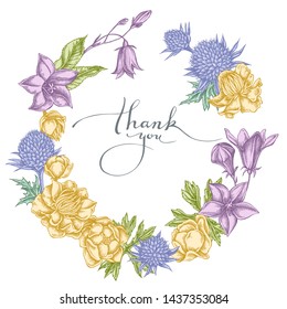 Floral Wreath of pastel bellflower, globethistle, globeflower