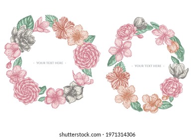 Floral Wreath of pastel hibiscus, plum flowers, peach flowers, sakura flowers, magnolia flowers, camellia japonica