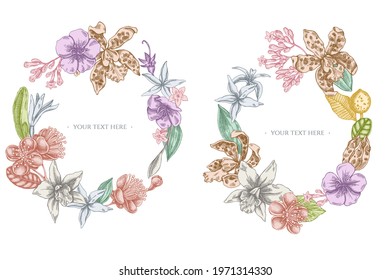 Floral Wreath of pastel laelia, feijoa flowers, glory bush, papilio torquatus, cinchona, cattleya aclandiae