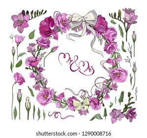 Floral wreath with phrase Mr & Mrs. Pink flowers and buds Eustoma (Lisianthus),  Freesia and green leaves. Vector illustration with lettering on white. Invitation card wedding design. 