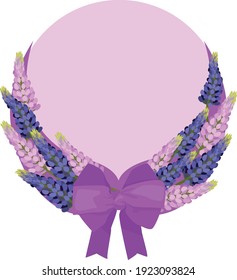 floral wreath of pink and blue lupine in Provence style with a purple bow on a pink circle background