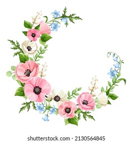 Floral wreath with pink, blue, and white poppy, bluebell, and lily of the valley flowers. Floral circle frame. Vector greeting or invitation card design.