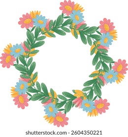 Floral Wreath with Pink, Blue, and Yellow Blossoms. Circular floral wreath featuring vibrant pink, blue, and yellow blossoms intertwined with green leaves. Decorative element. Vector illustration