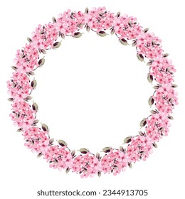 Floral Wreath con flores rosadas, hojas y ramas en color de agua vintage. Marco de círculo del vector