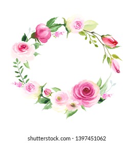 Floral wreath with pink roses, buds and green leaves, frame for your design. Vector illustration in vintage watercolor style.