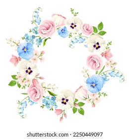 Floral wreath with pink, white, and blue lisianthus flowers, pansy flowers, bluebells, and forget-me-not flowers. Floral circle frame. Vector illustration