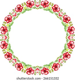Floral wreath of poppies flowers. Cute retro flower frame .Vector watercolor floral wreath with hand painted leaves. Perfect for wedding invitations and birthday cards. Isolated on white background