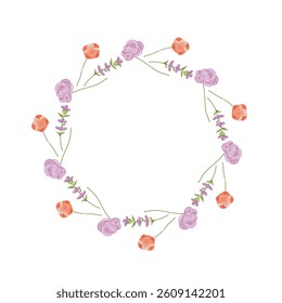 Floral Wreath with Purple and Orange Flowers on a White Background. A delicate floral wreath illustration featuring purple and orange flowers arranged in a circular pattern with soft green stems 