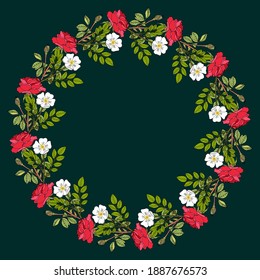 Floral wreath red Oklahoma and Cherokee Rose. Botanical hand drawn vector illustration