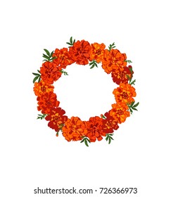 Floral wreath with red and orange marigold flowers isolated on white background