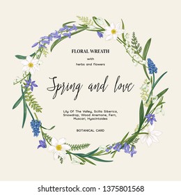 Floral wreath for a romantic wedding invitation with spring white and blue flowers. Botanical illustration. Colorful