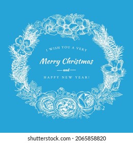 Floral wreath with roses, fir branches and cones hand-drawn in vector. Template for wedding invitations or christmas card. Engraving style. Skyblue and White background. 