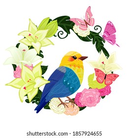 floral wreath of roses and lilies with lovely yellow and blue bird