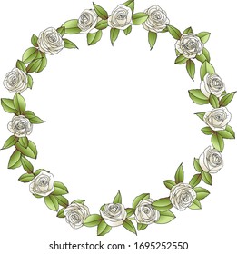 
Floral wreath of roses of white color, decorative composition in a circle for a greeting card, vector illustration
