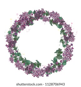 Floral wreath, round frame with  lilac  flowers,  leaves and branches on white background.  Hand drawing vector illustration. Perfect  template for greeting cards, wedding invitation and holiday ,  pa