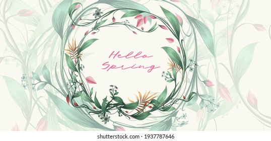 Floral wreath. Round frame made of flowers, leaves and plants. Vector illustration. Background for cards, covers, banners.